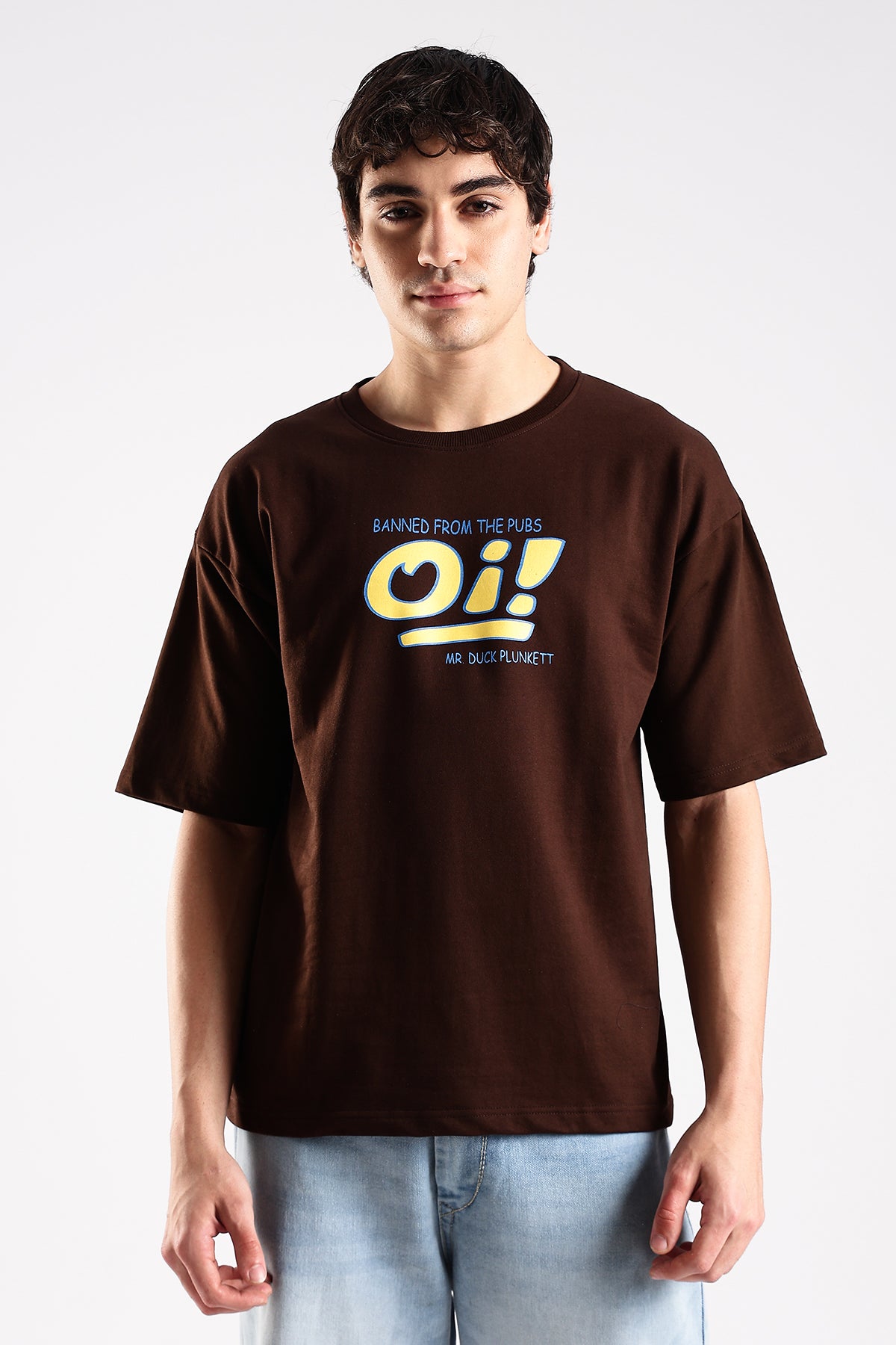 Coffee Brown Oi Graphic Printed Oversized T-shirt