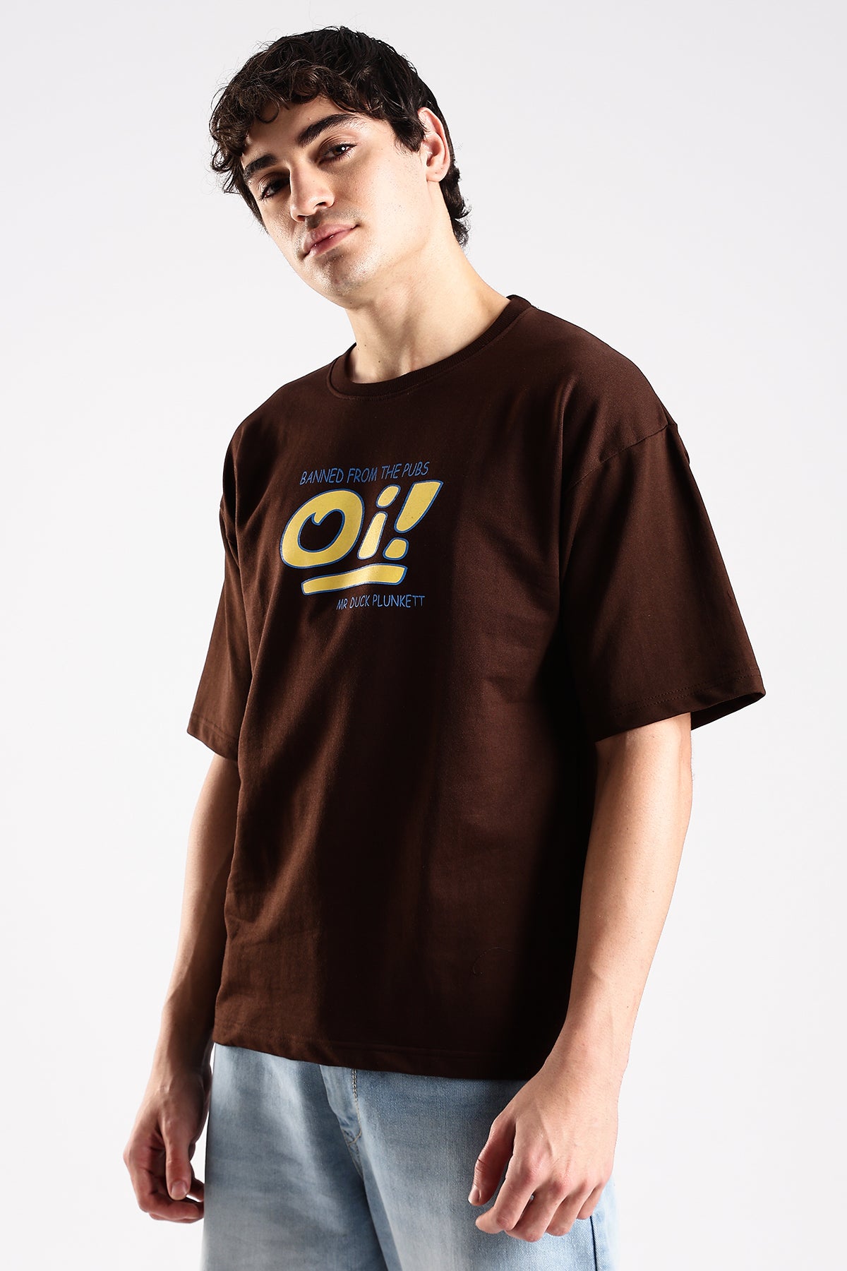 Coffee Brown Oi Graphic Printed Oversized T-shirt