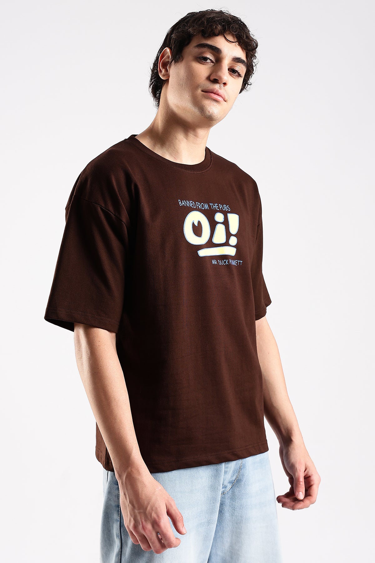 Coffee Brown Oi Graphic Printed Oversized T-shirt