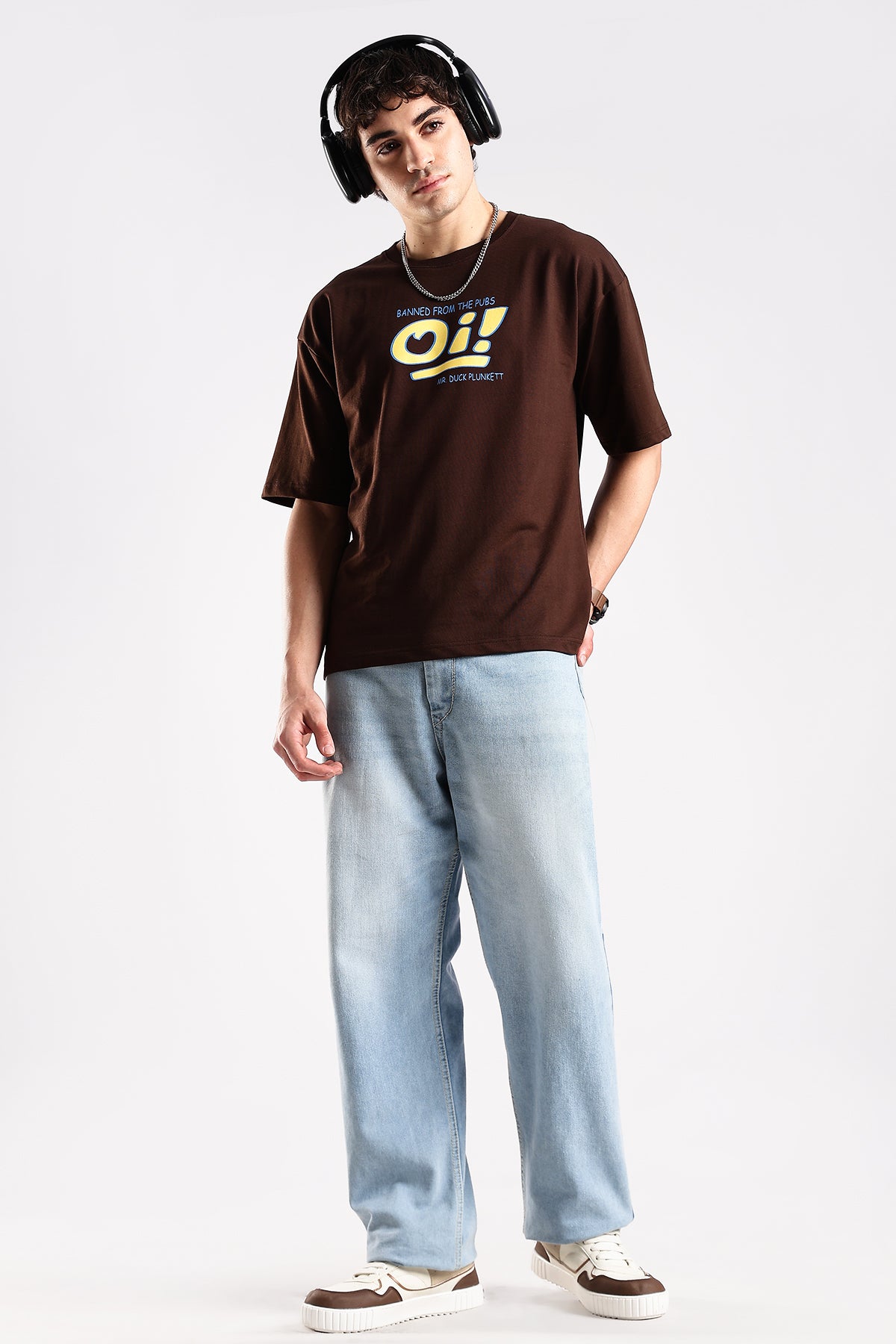 Coffee Brown Oi Graphic Printed Oversized T-shirt