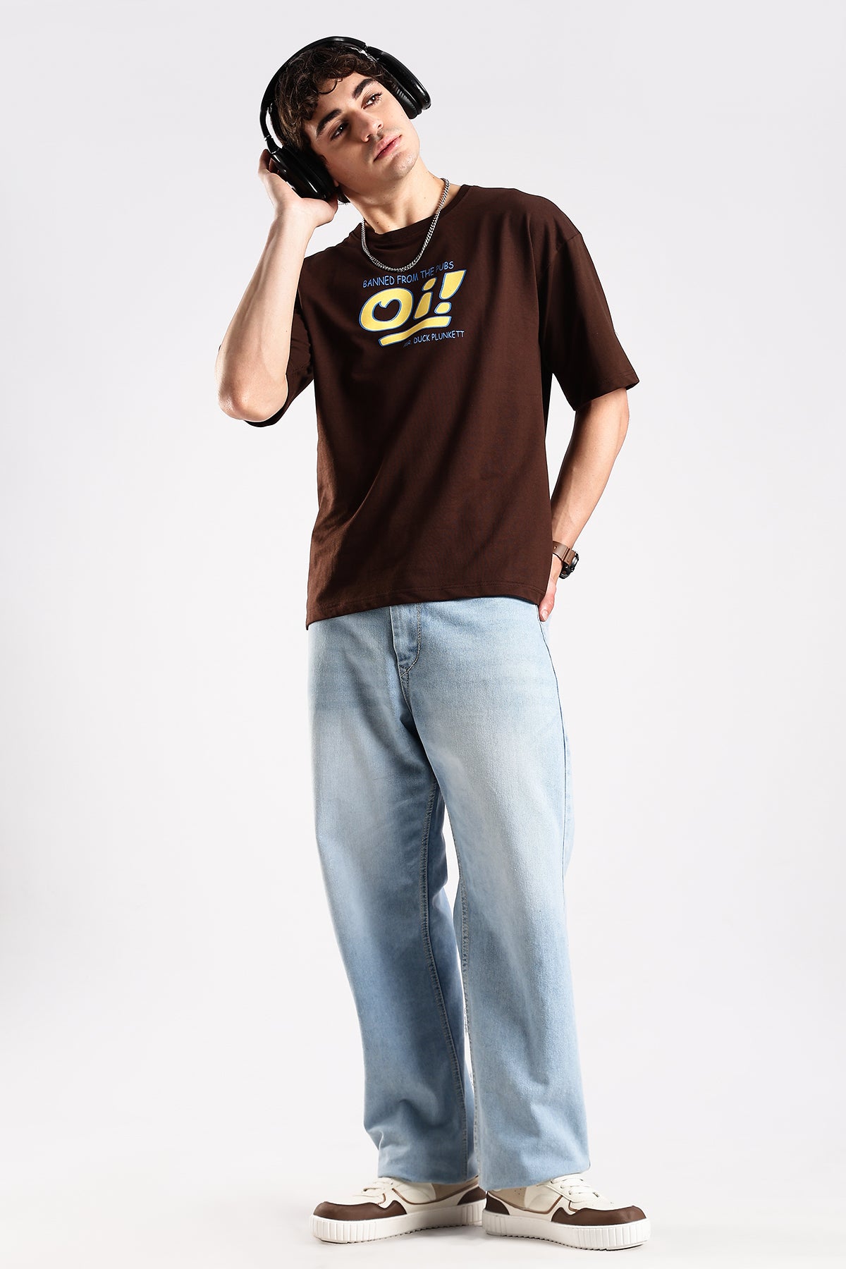 Coffee Brown Oi Graphic Printed Oversized T-shirt