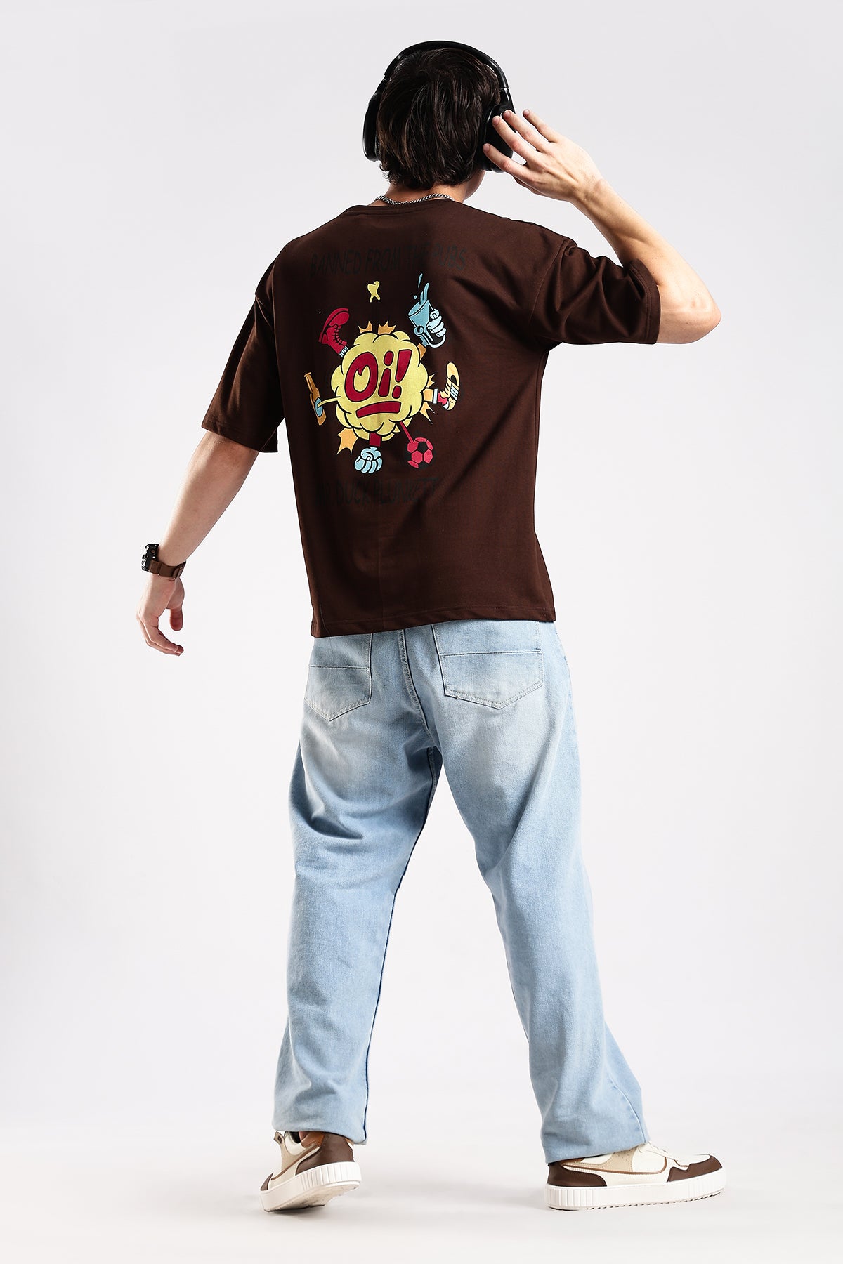 Coffee Brown Oi Graphic Printed Oversized T-shirt