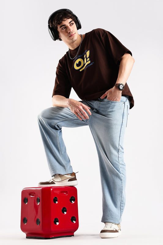 Coffee Brown Oi Graphic Printed Oversized T-shirt