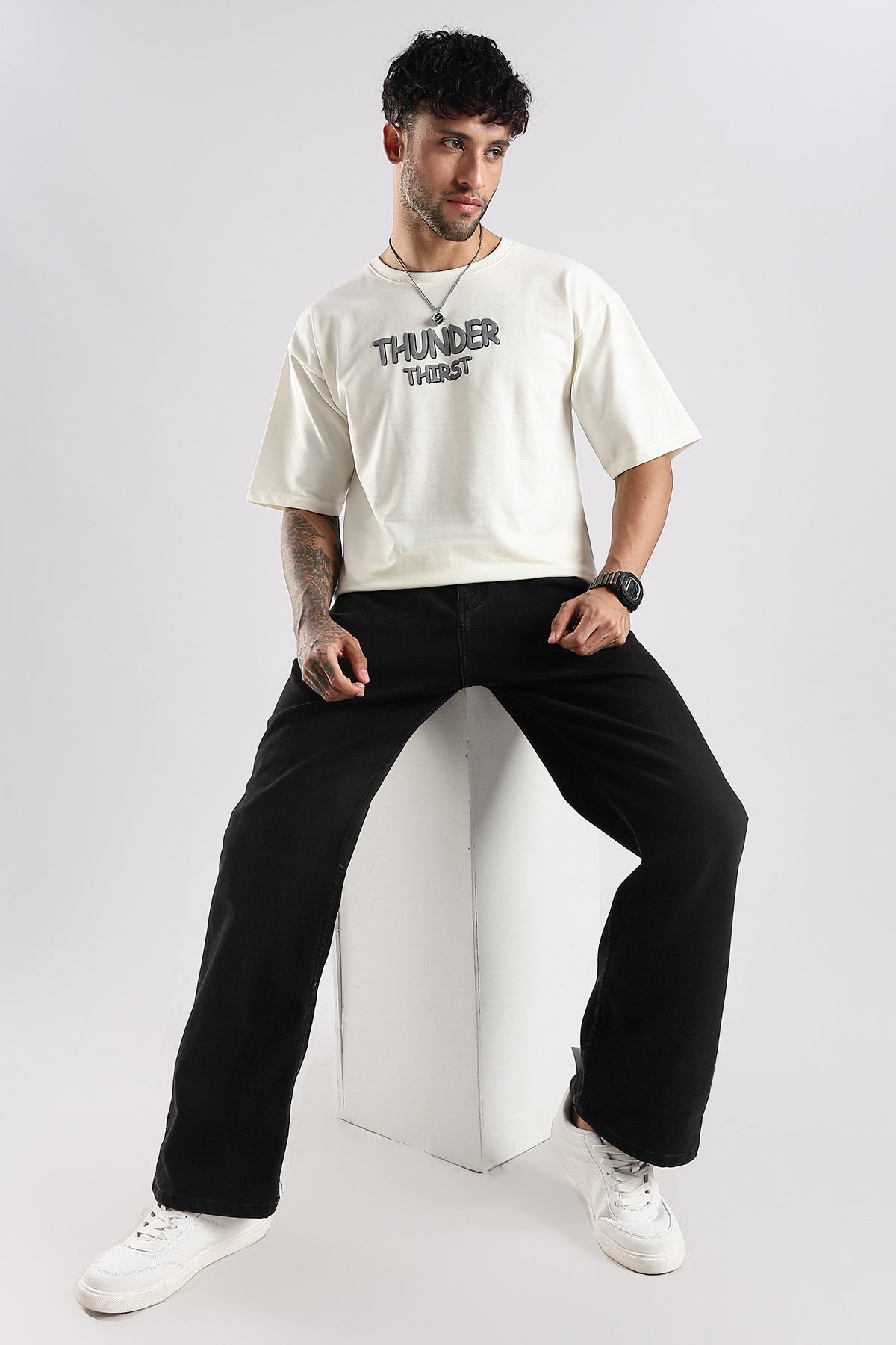 Off White Thunder Thirst HD Graphic Printed Oversized T-shirt