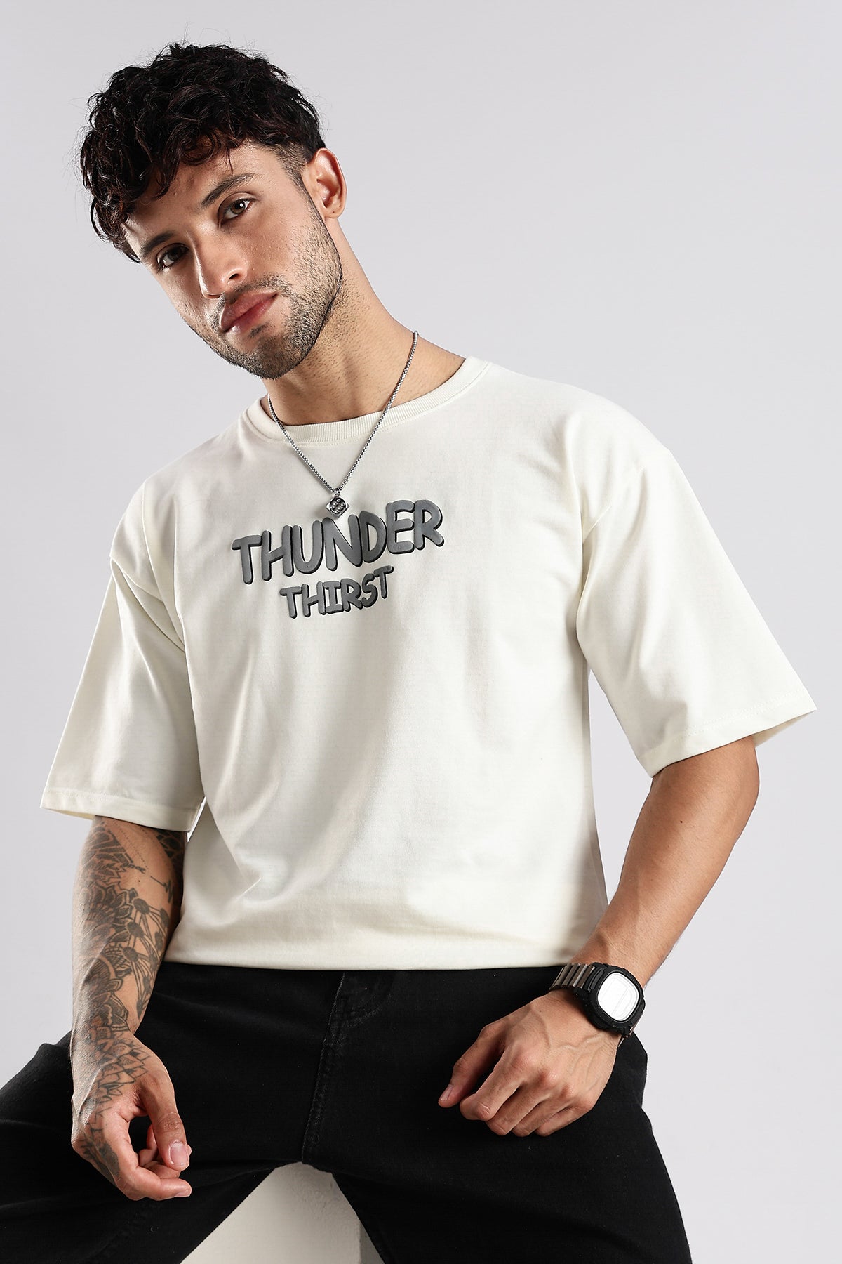 Off White Thunder Thirst HD Graphic Printed Oversized T-shirt