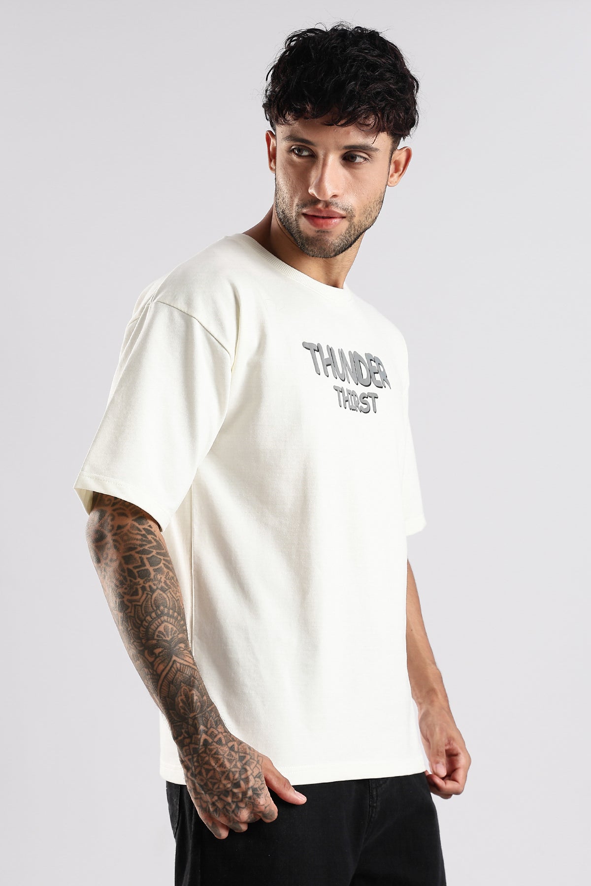 Off White Thunder Thirst HD Graphic Printed Oversized T-shirt
