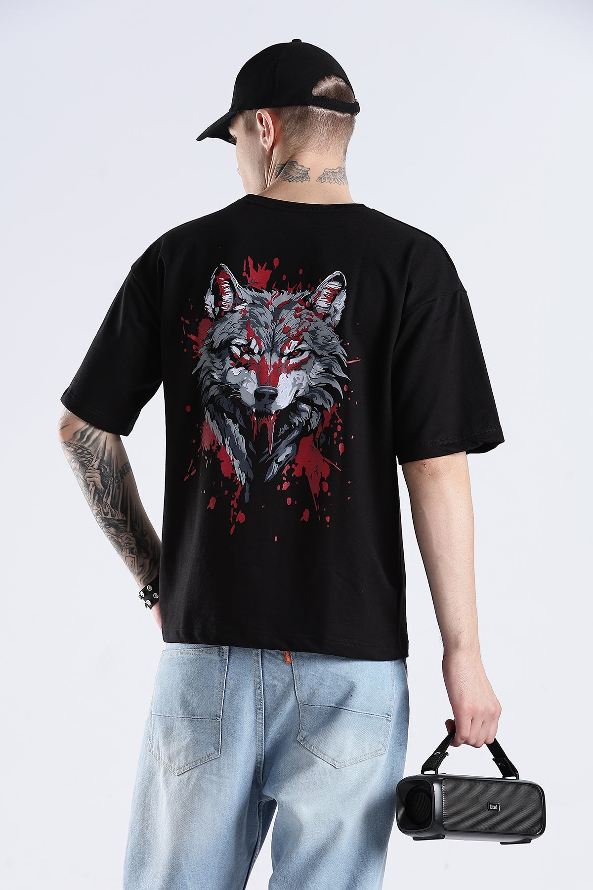 Black Wolf HD Graphic Printed Oversized T-shirt