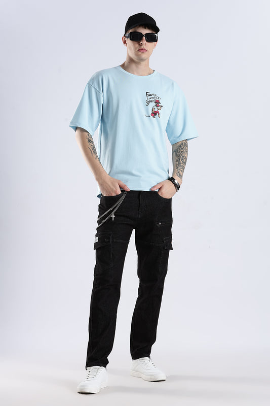 Sky Blue Fear HD Graphic Printed Oversized T-shirt