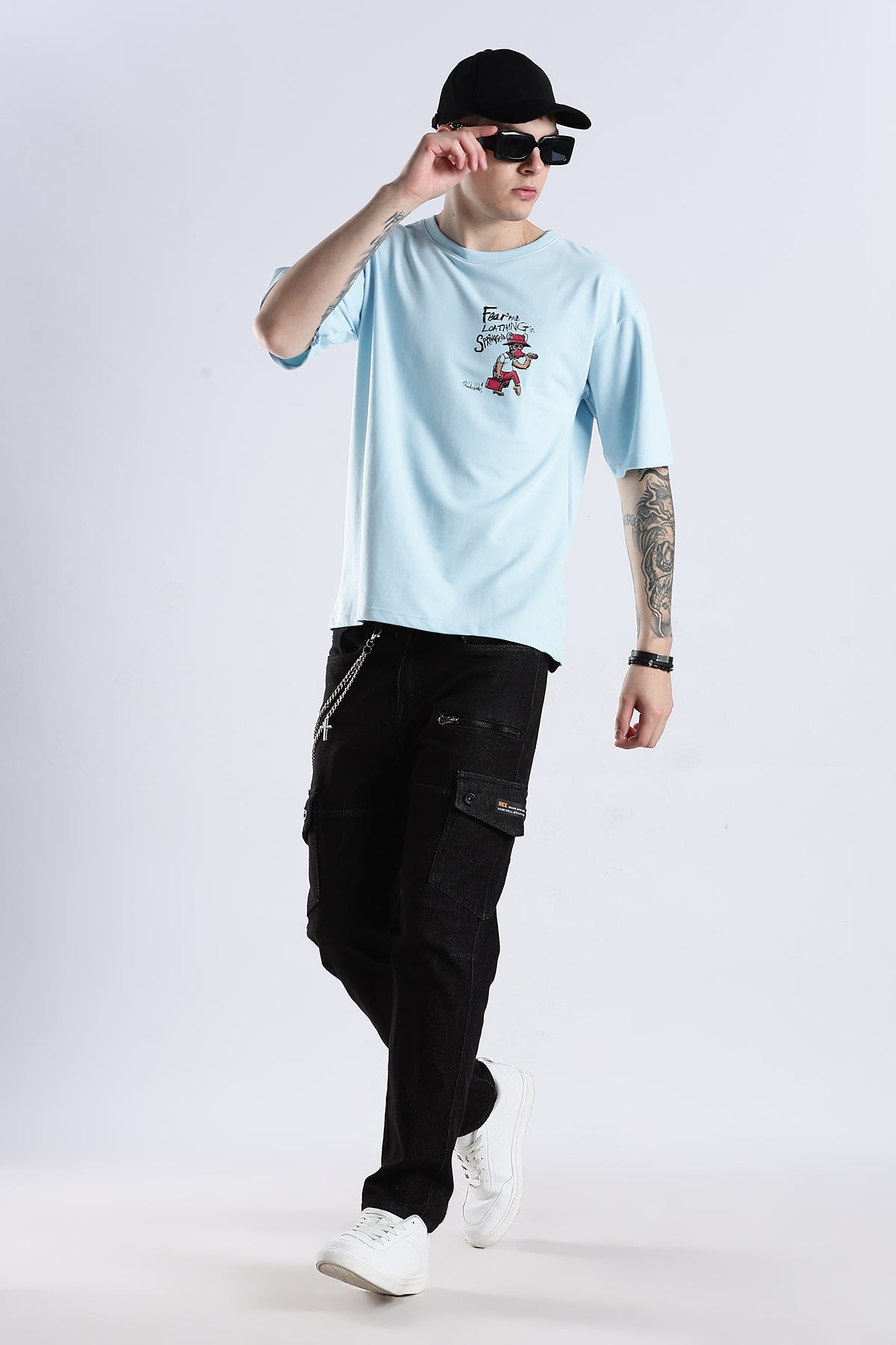 Sky Blue Fear HD Graphic Printed Oversized T-shirt