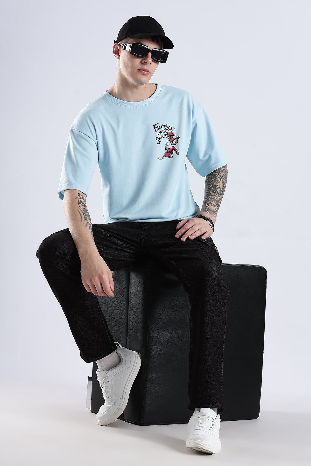 Sky Blue Fear HD Graphic Printed Oversized T-shirt