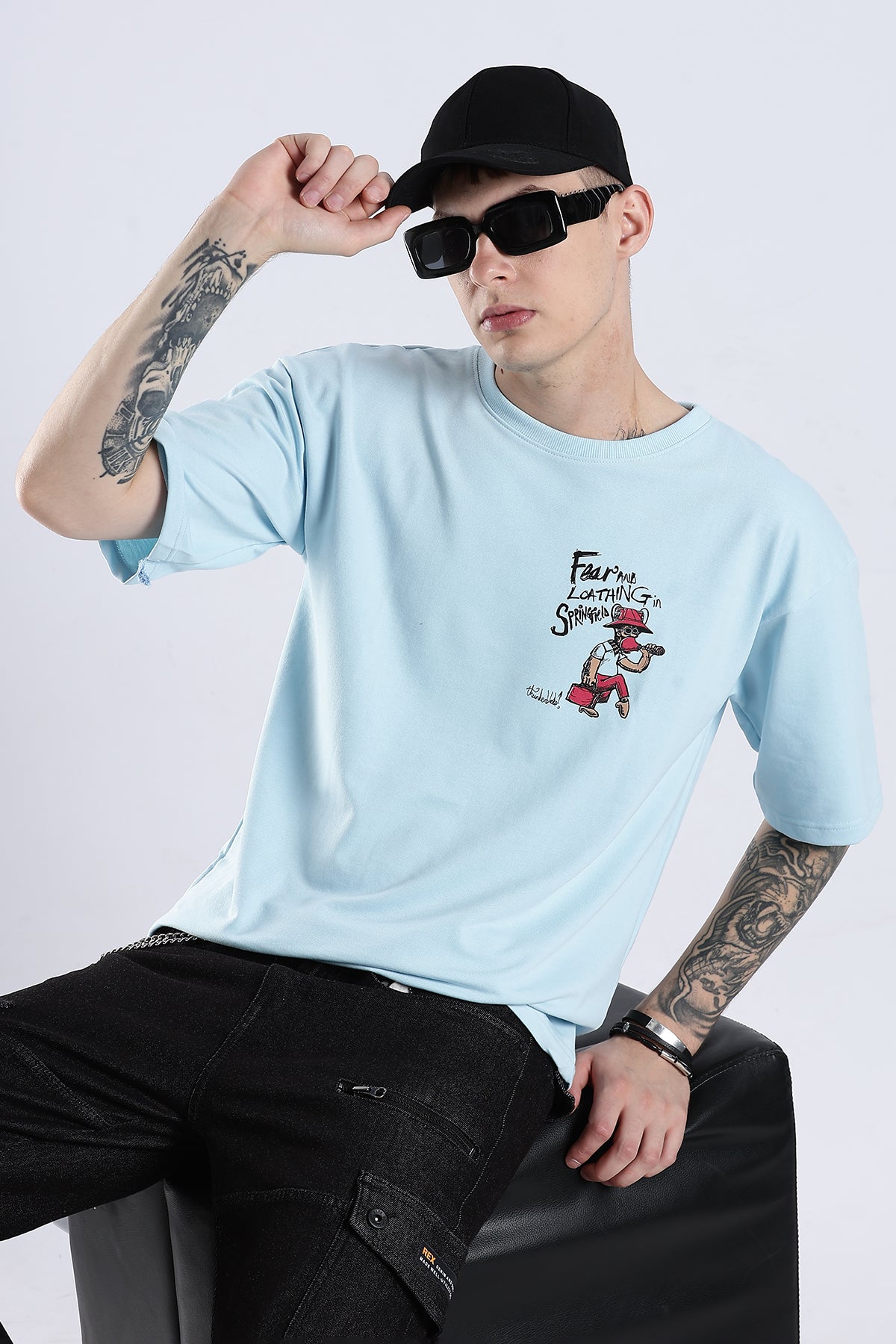 Sky Blue Fear HD Graphic Printed Oversized T-shirt