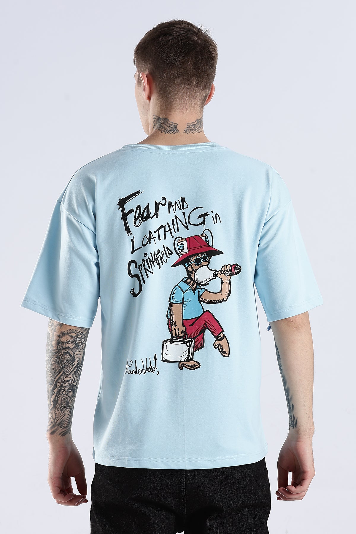 Sky Blue Fear HD Graphic Printed Oversized T-shirt