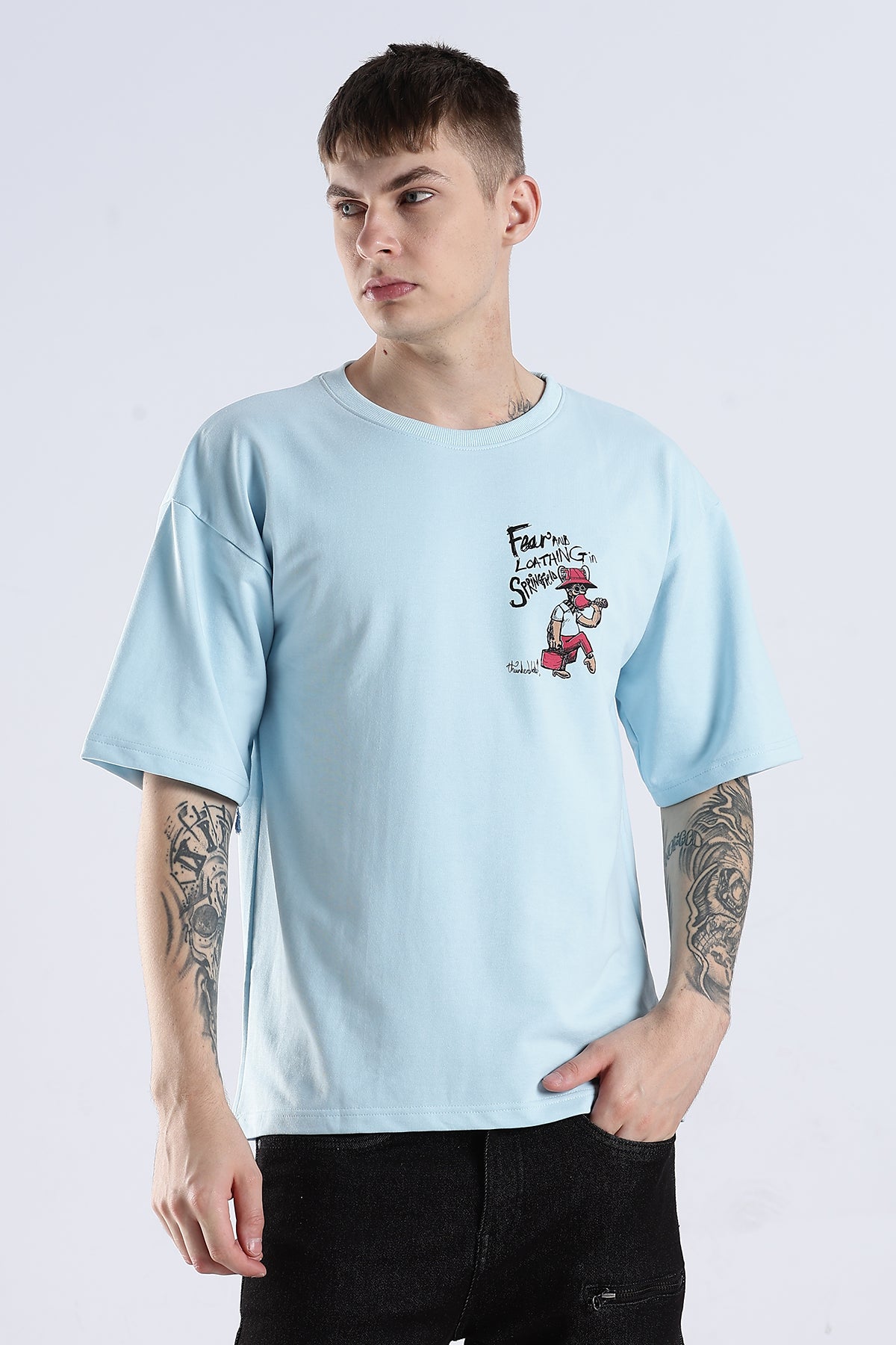 Sky Blue Fear HD Graphic Printed Oversized T-shirt