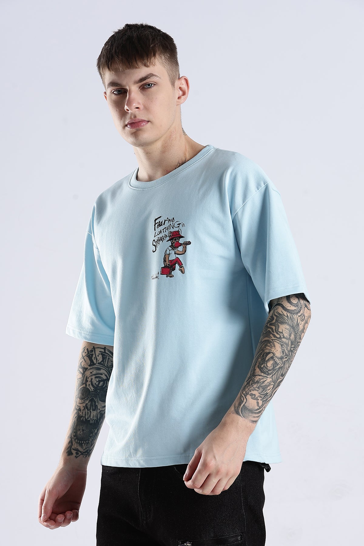 Sky Blue Fear HD Graphic Printed Oversized T-shirt