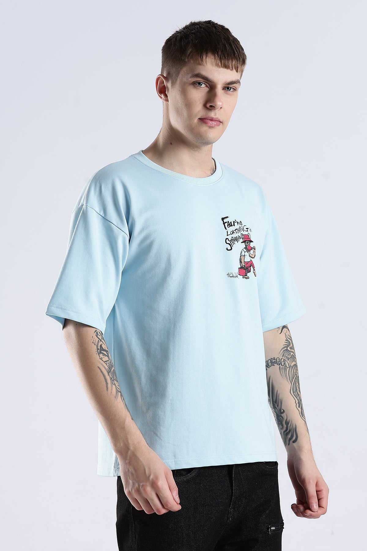 Sky Blue Fear HD Graphic Printed Oversized T-shirt