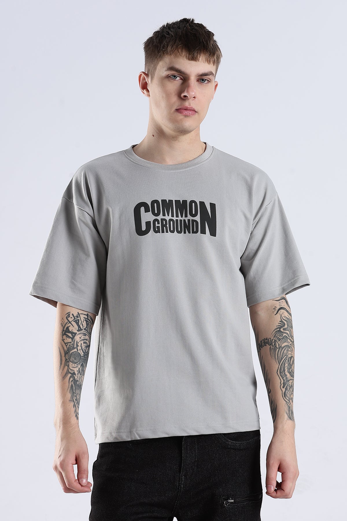 Grey Common Ground HD Graphic Printed Oversized T-shirt