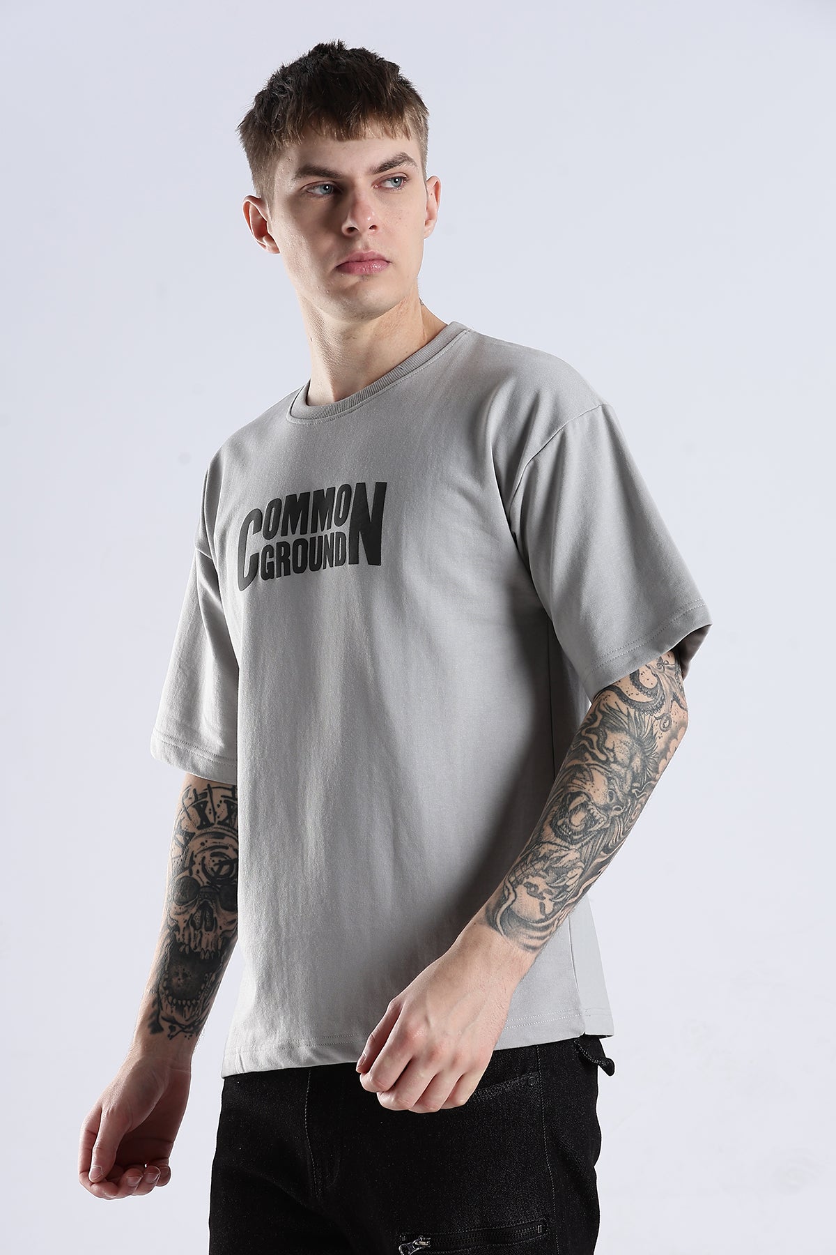 Grey Common Ground HD Graphic Printed Oversized T-shirt