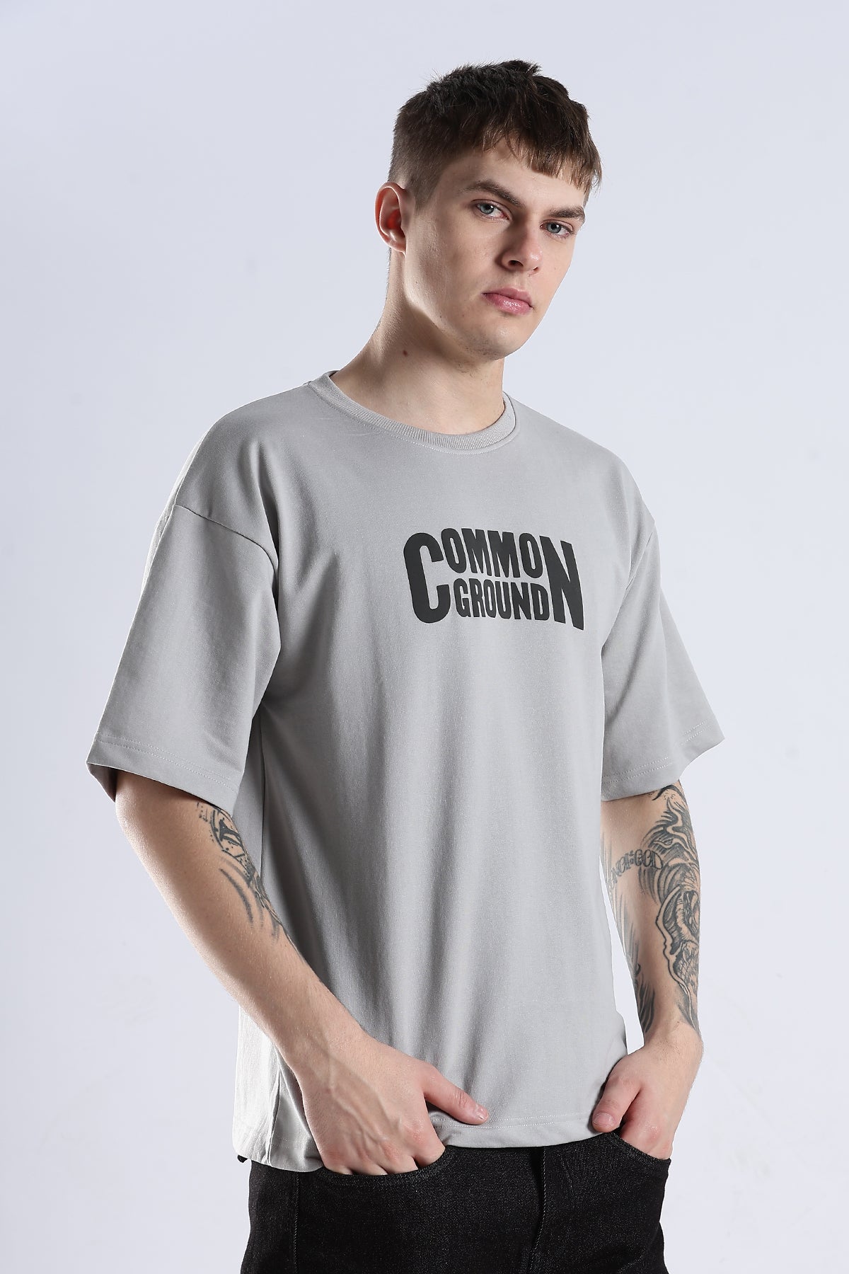 Grey Common Ground HD Graphic Printed Oversized T-shirt