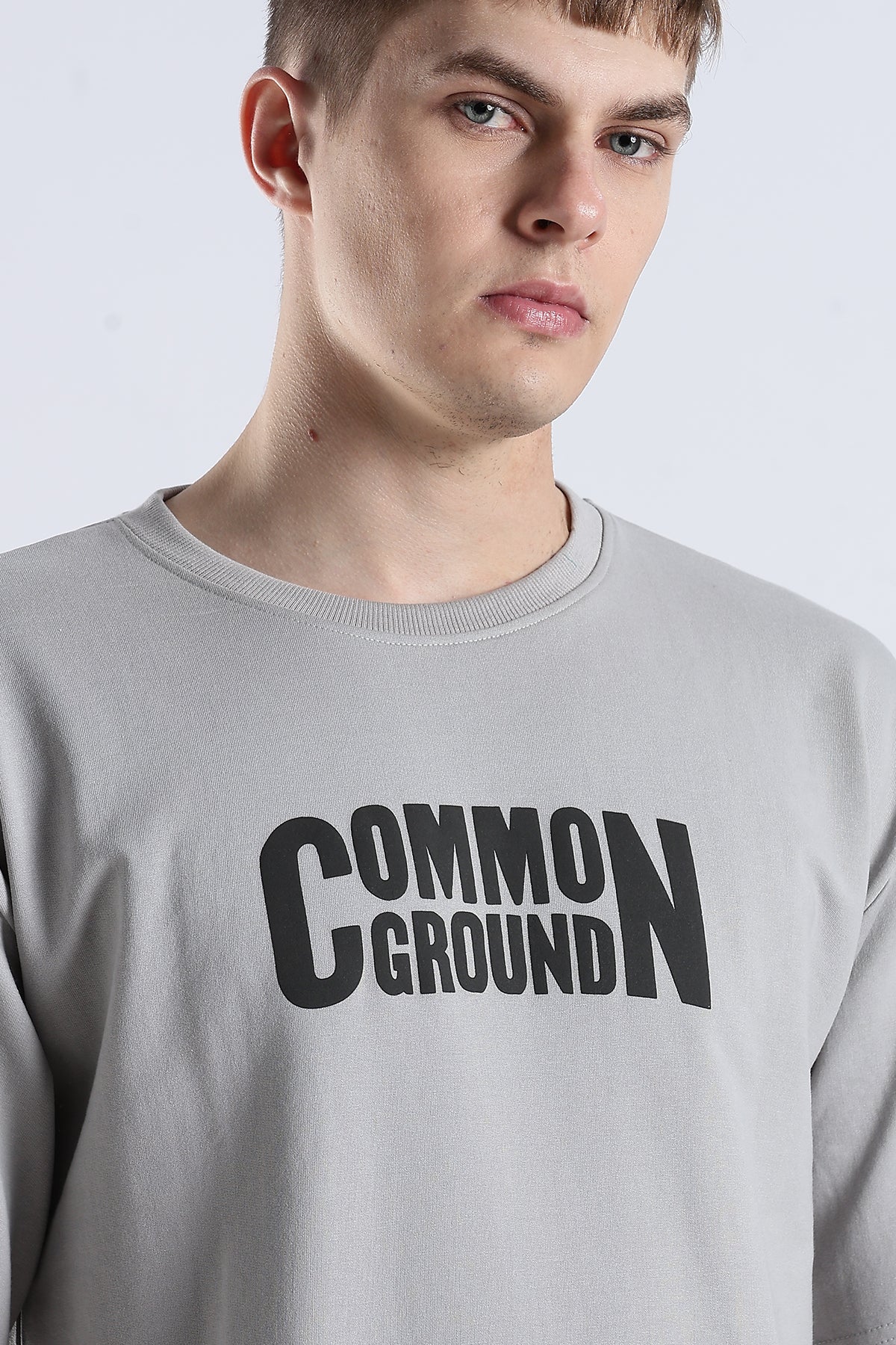 Grey Common Ground HD Graphic Printed Oversized T-shirt