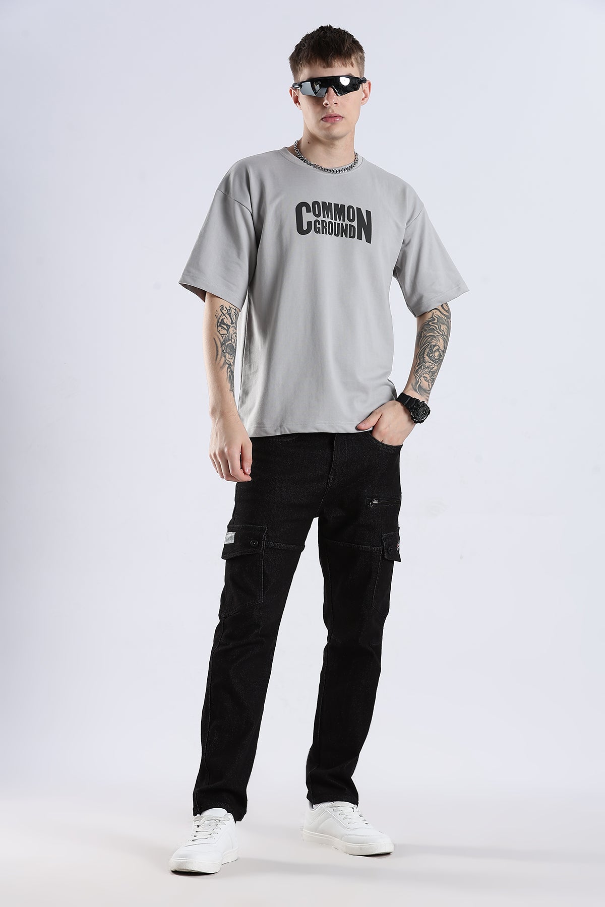Grey Common Ground HD Graphic Printed Oversized T-shirt