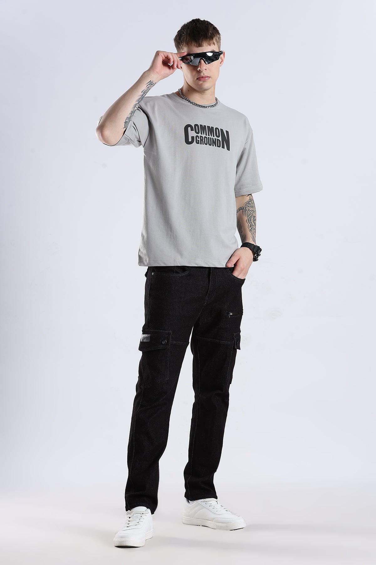 Grey Common Ground HD Graphic Printed Oversized T-shirt