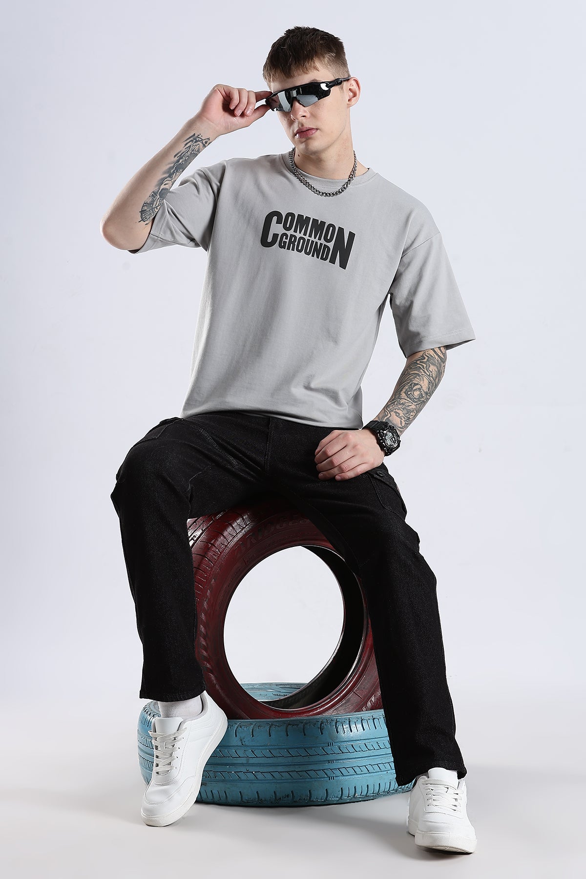 Grey Common Ground HD Graphic Printed Oversized T-shirt