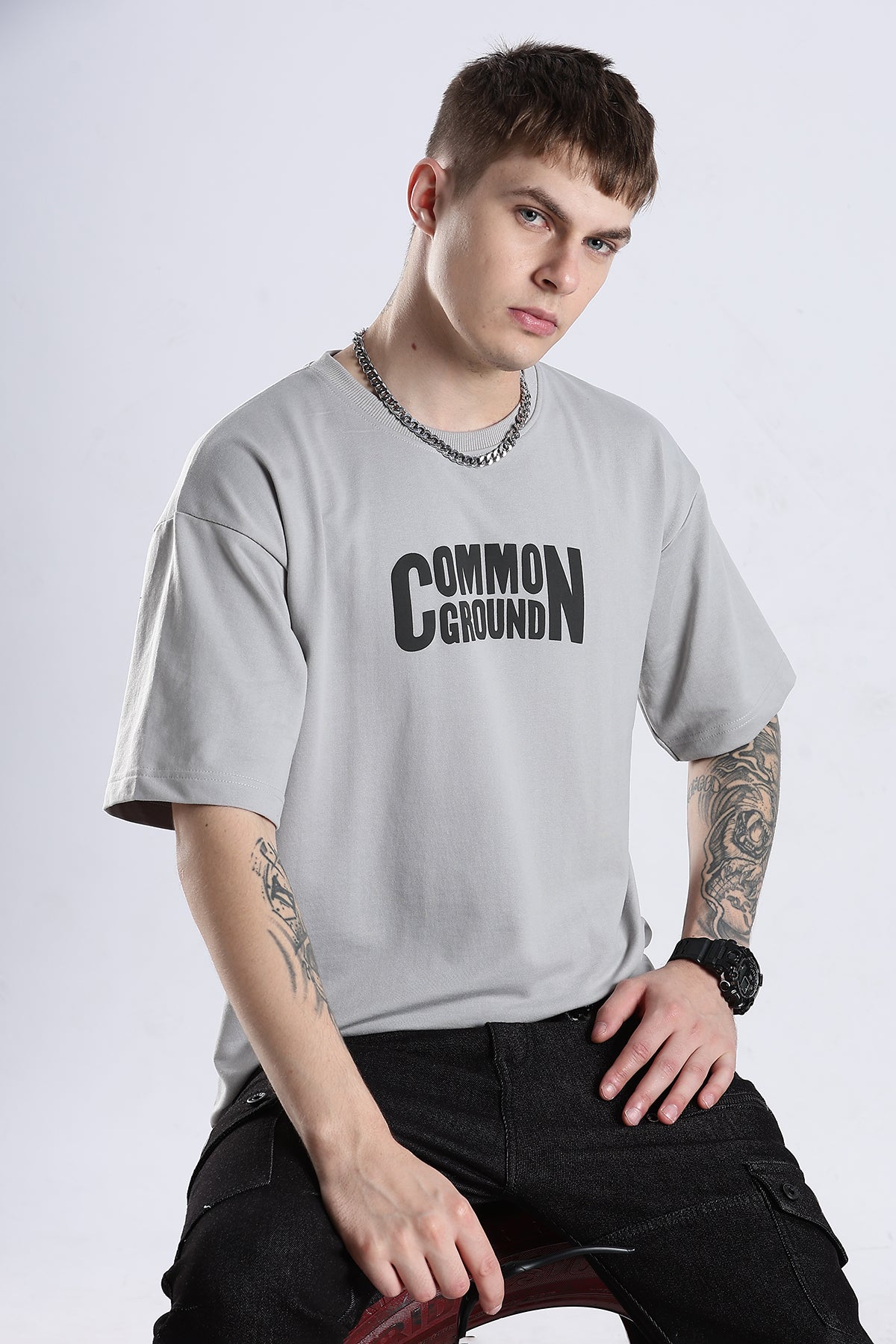 Grey Common Ground HD Graphic Printed Oversized T-shirt