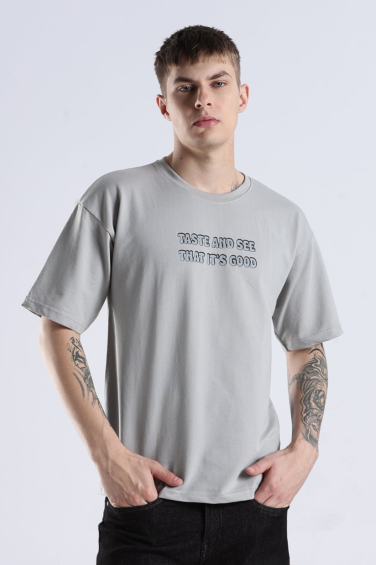Grey Taste Good HD Graphic Printed Oversized T-shirt