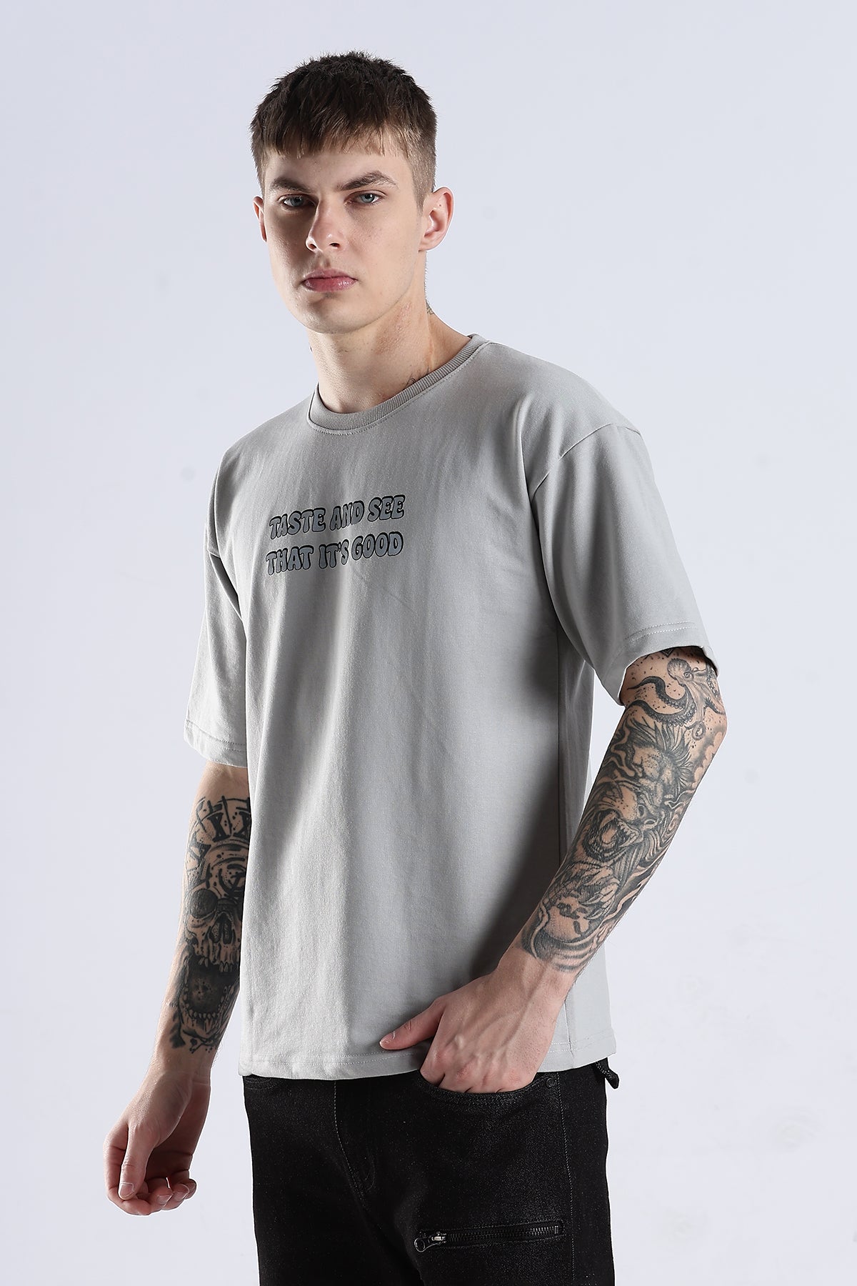 Grey Taste Good HD Graphic Printed Oversized T-shirt
