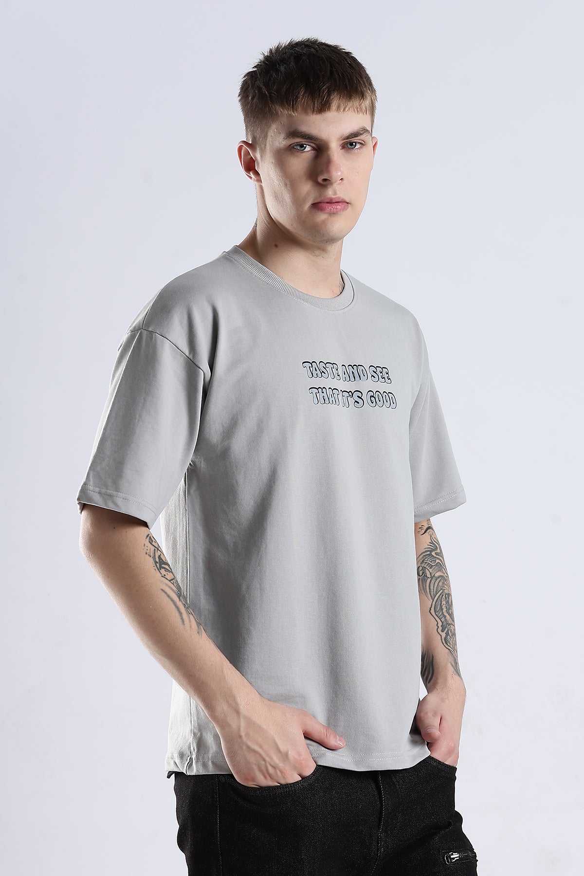 Grey Taste Good HD Graphic Printed Oversized T-shirt