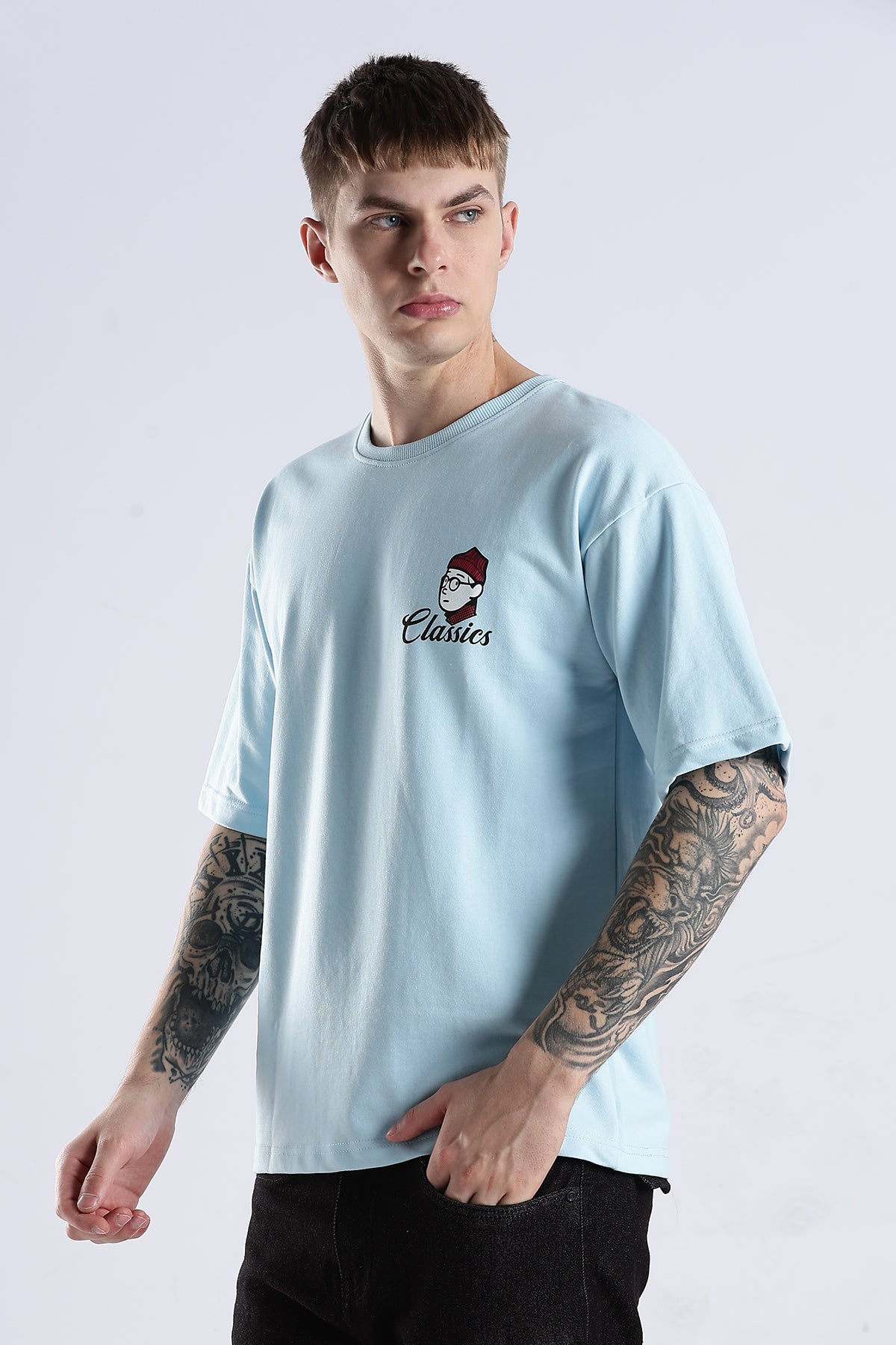 Sky Blue Classics HD Graphic Printed Oversized T-shirt