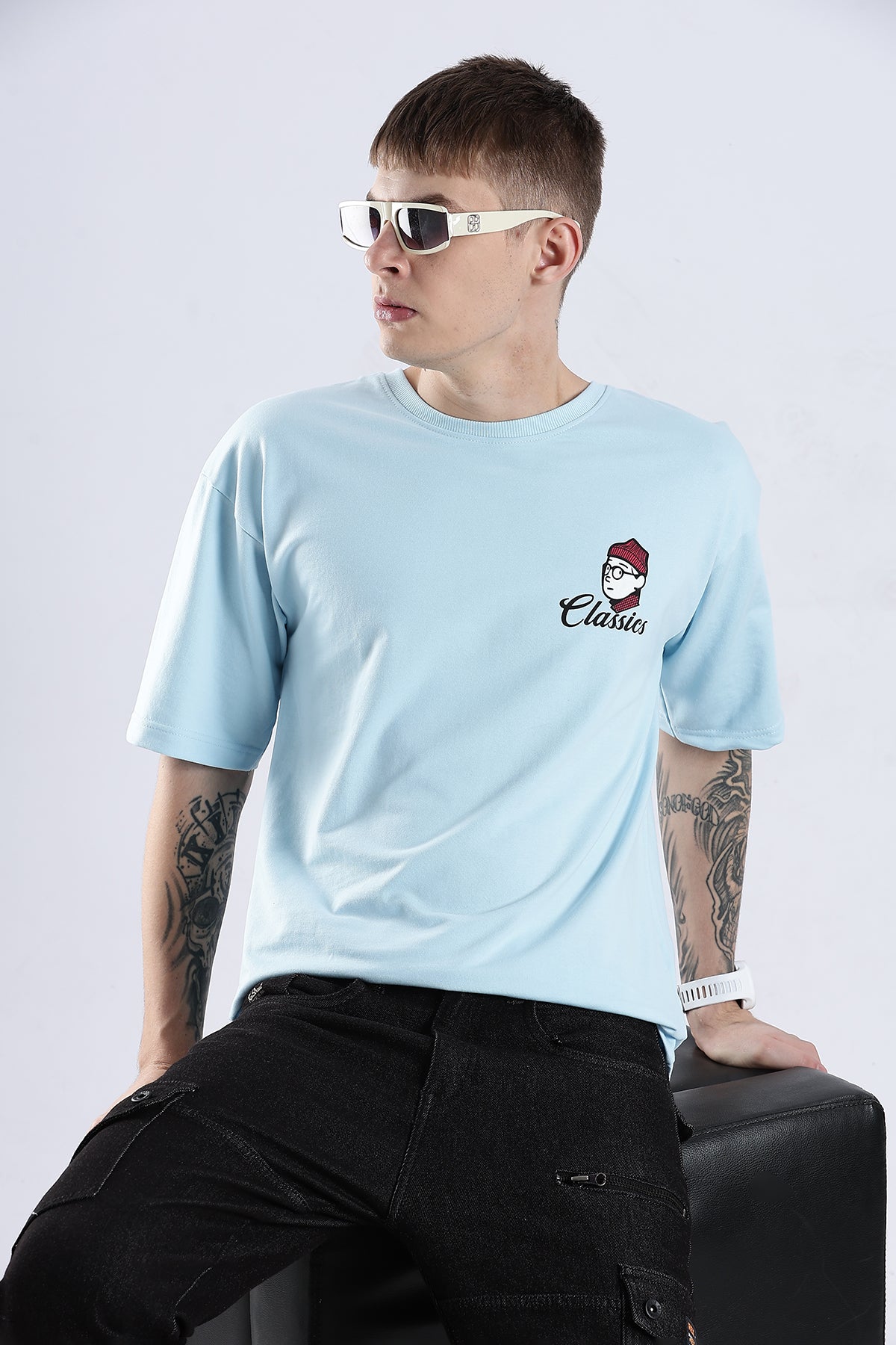 Sky Blue Classics HD Graphic Printed Oversized T-shirt