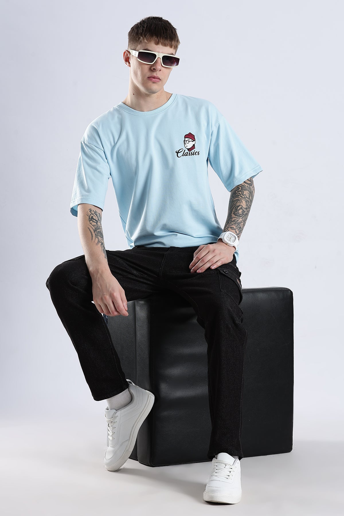 Sky Blue Classics HD Graphic Printed Oversized T-shirt