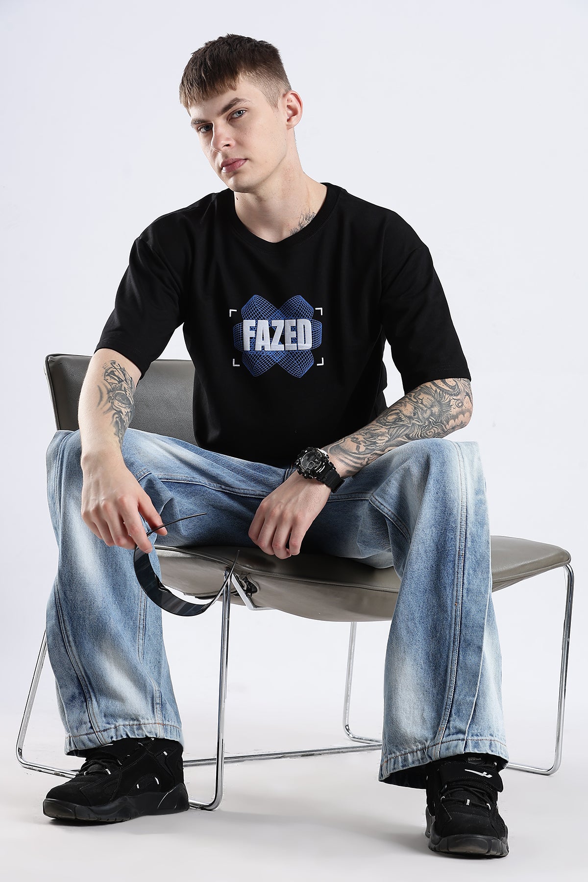 Black Fazed HD Graphic Printed Oversized T-shirt