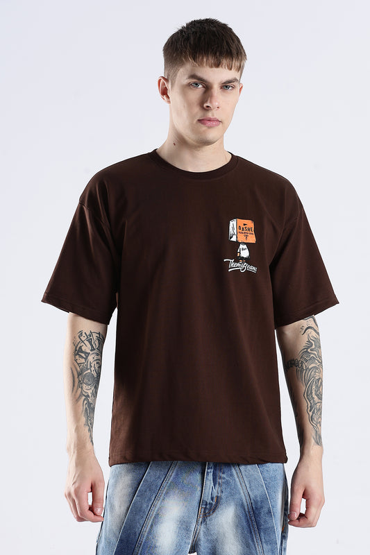 Coffee Howdy Guys Brown Graphic Printed Oversized T-shirt