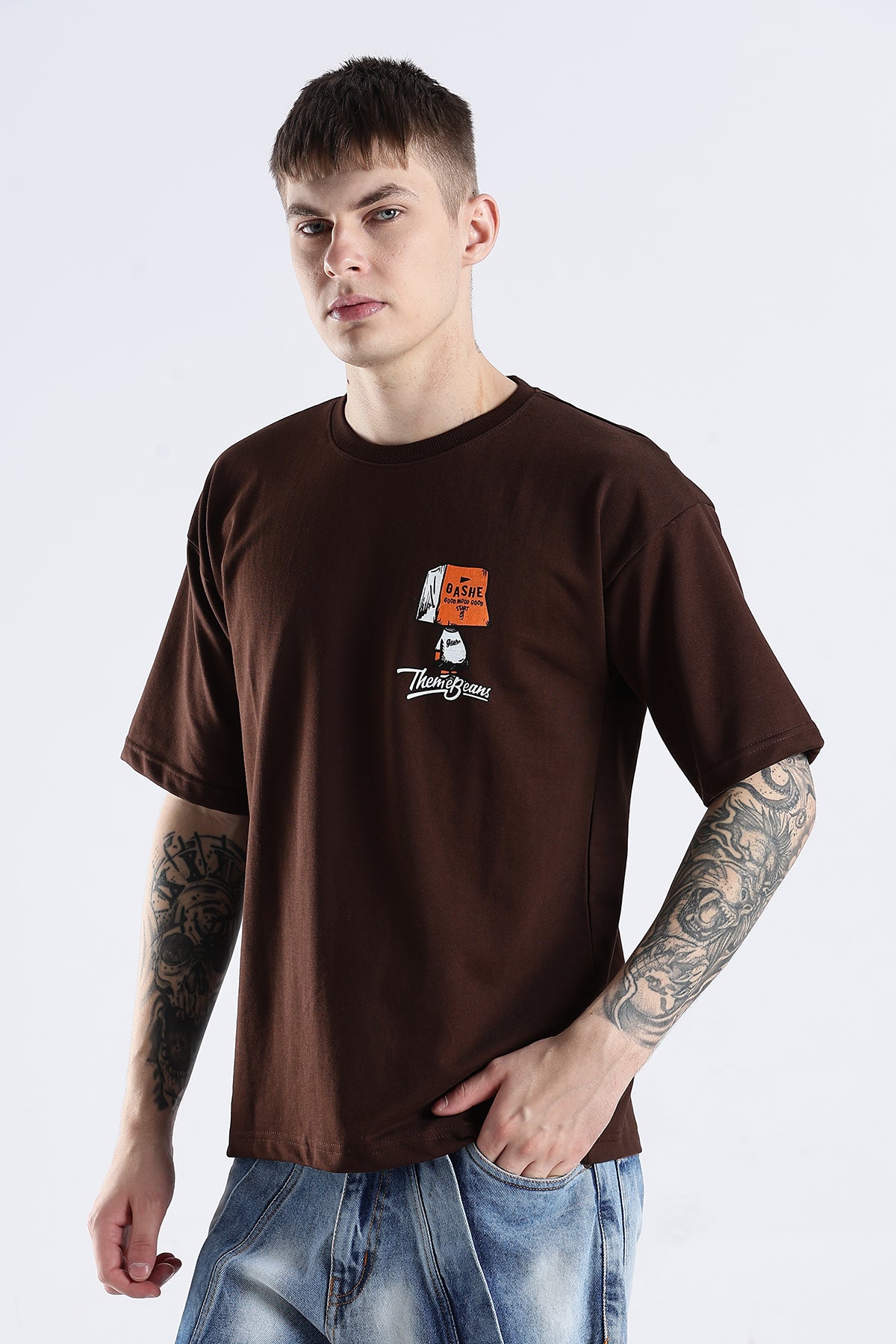 Coffee Howdy Guys Brown Graphic Printed Oversized T-shirt