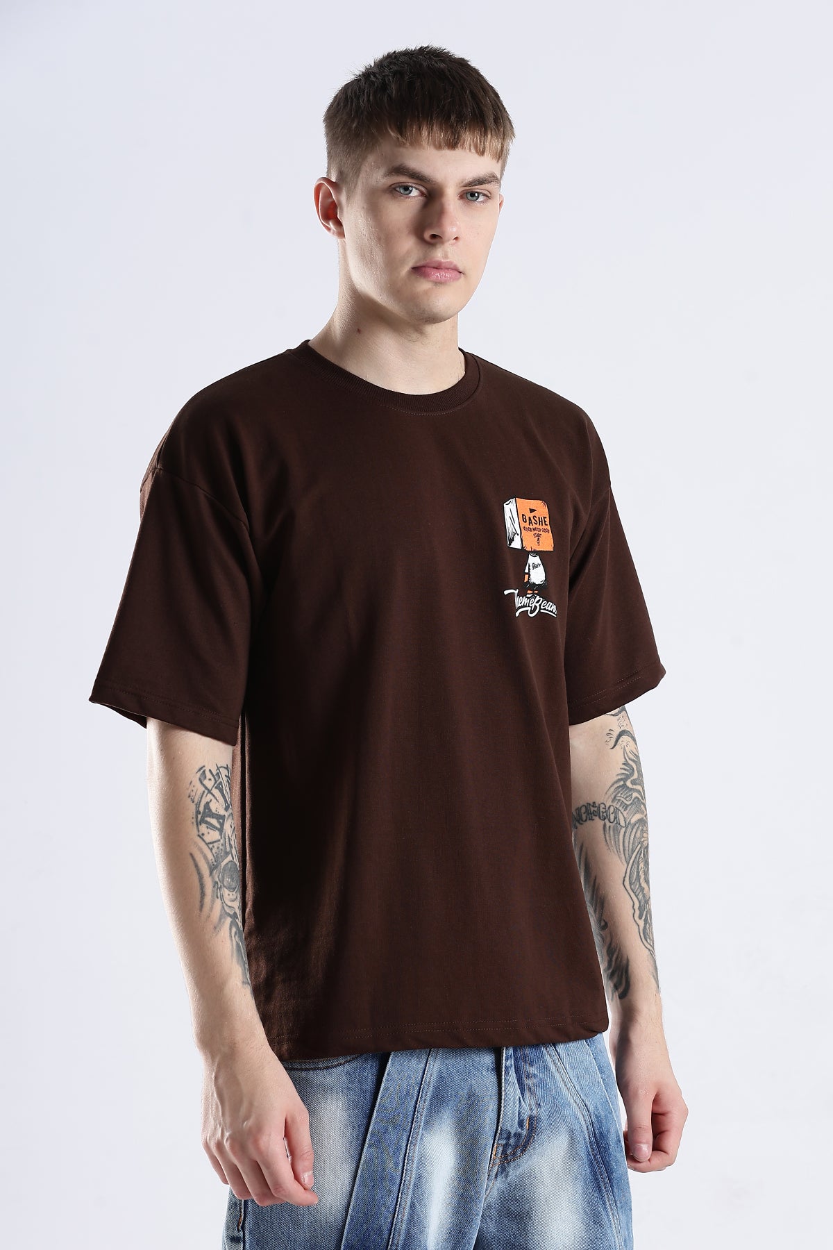 Coffee Howdy Guys Brown Graphic Printed Oversized T-shirt