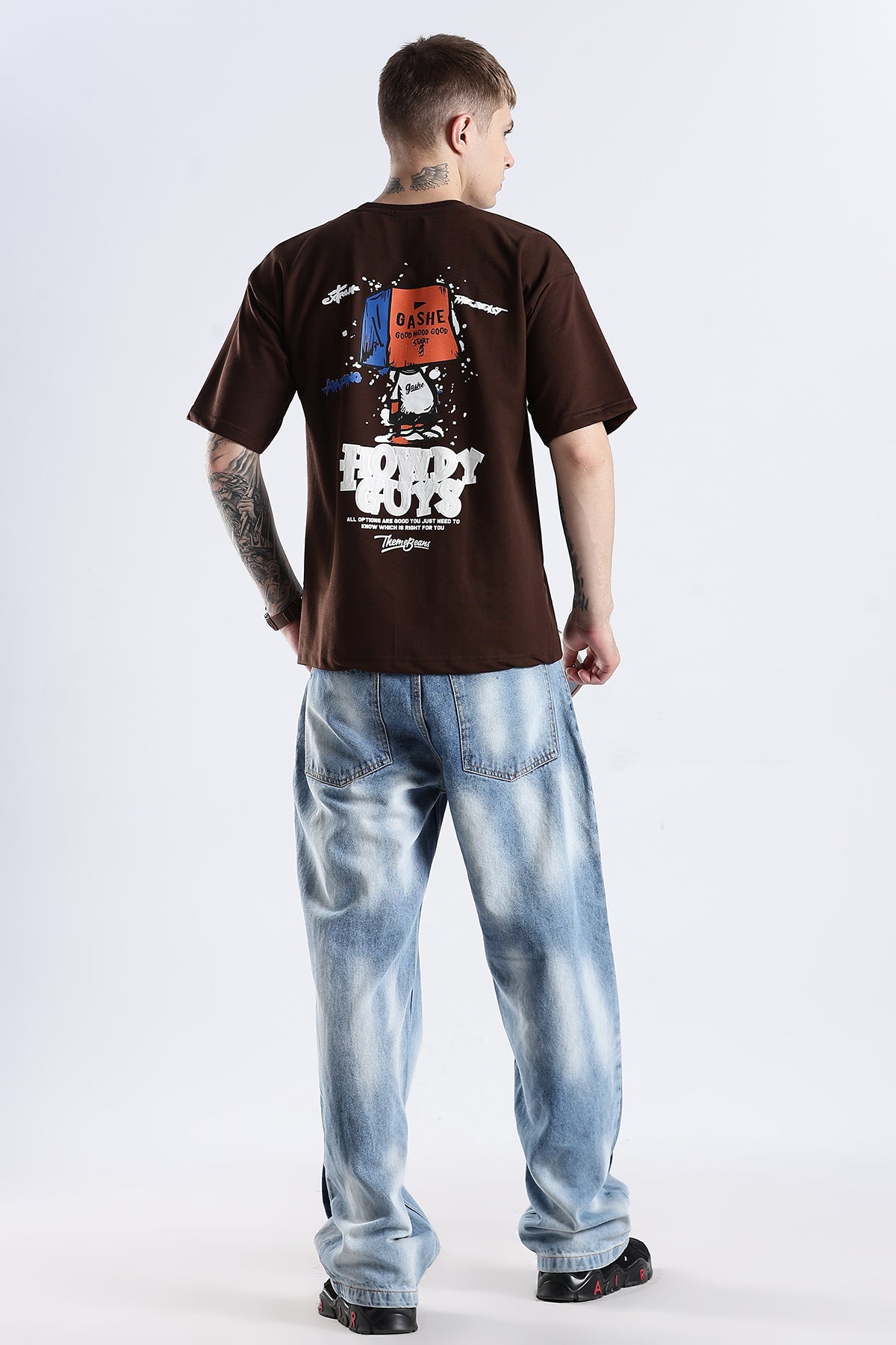 Coffee Howdy Guys Brown Graphic Printed Oversized T-shirt