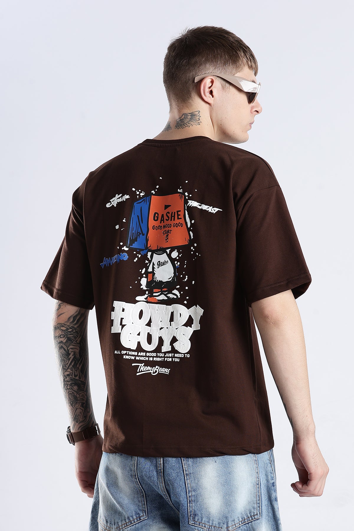 Coffee Howdy Guys Brown Graphic Printed Oversized T-shirt