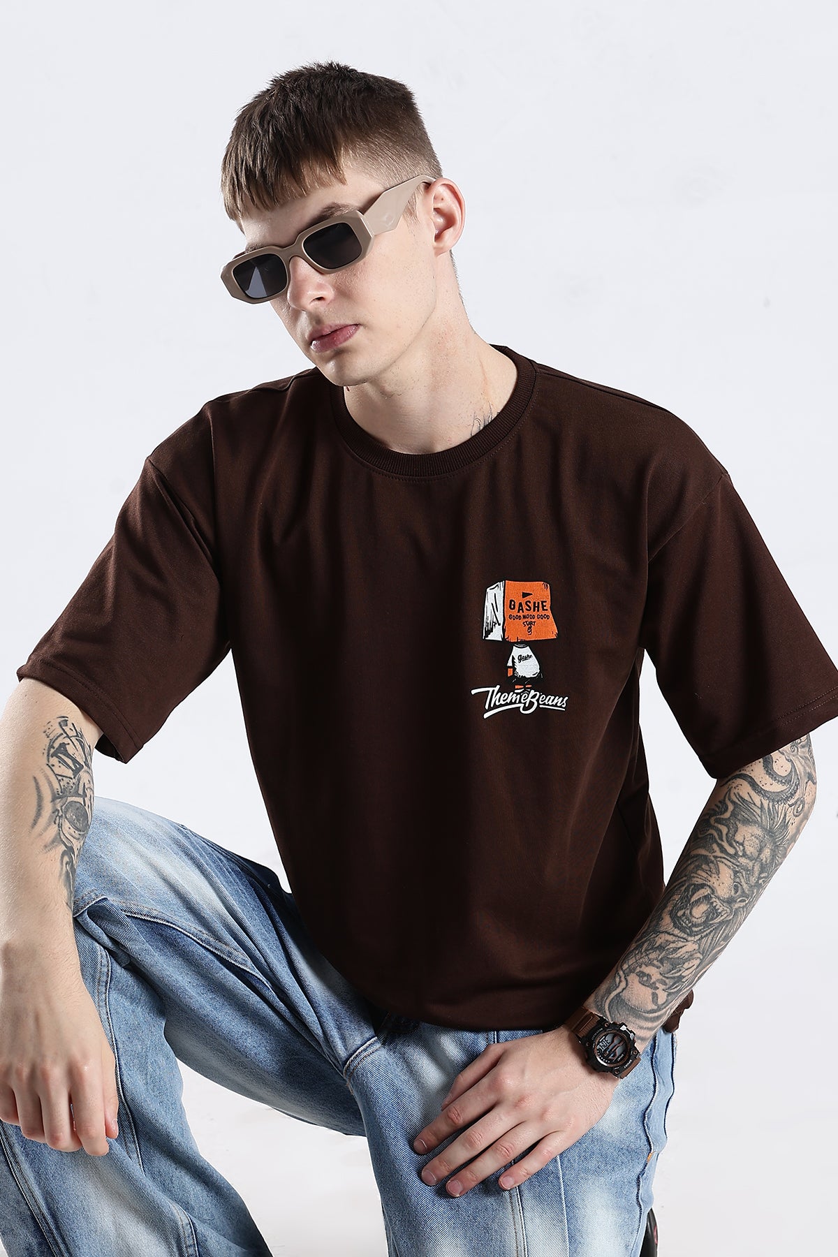 Coffee Howdy Guys Brown Graphic Printed Oversized T-shirt