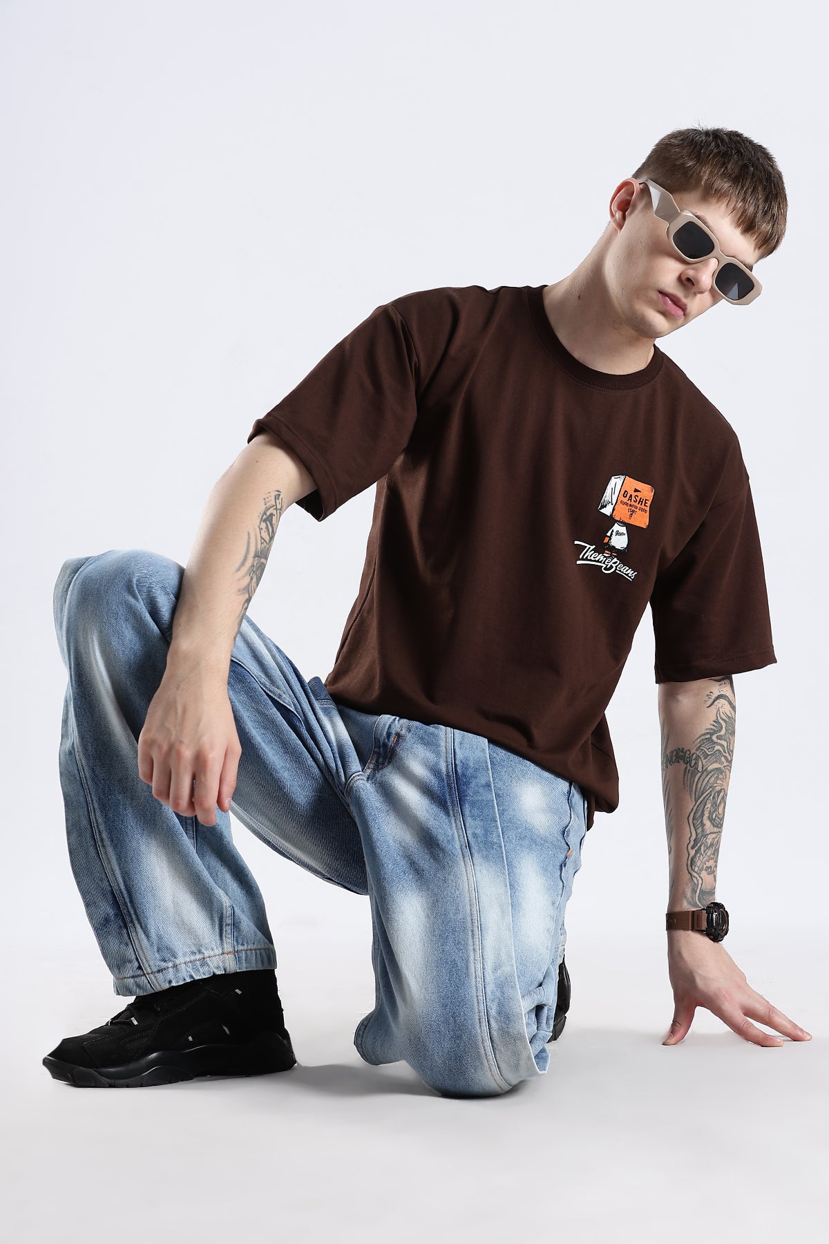 Coffee Howdy Guys Brown Graphic Printed Oversized T-shirt
