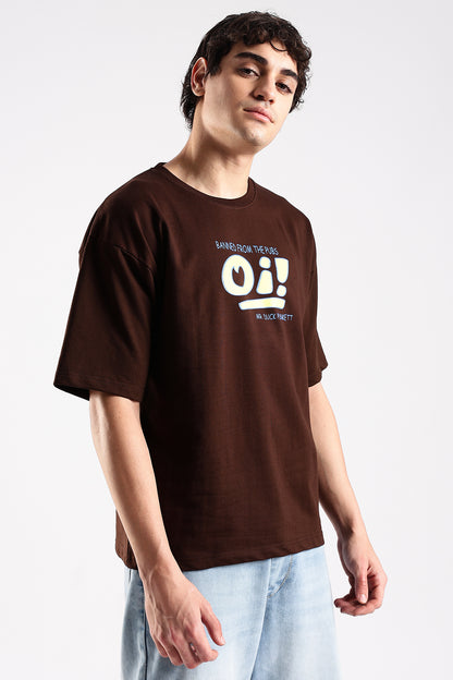 Coffee Brown Oi Graphic Printed Oversized T-shirt