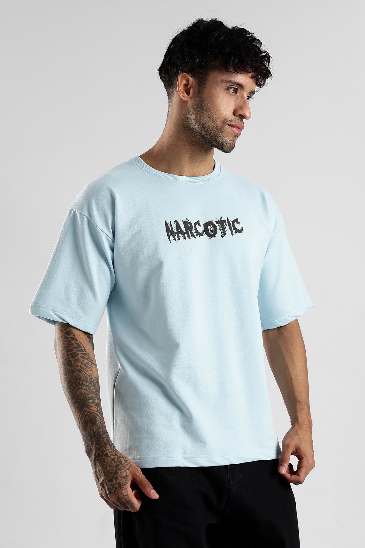 Sky Blue HD Graphic Printed Oversized T-shirt