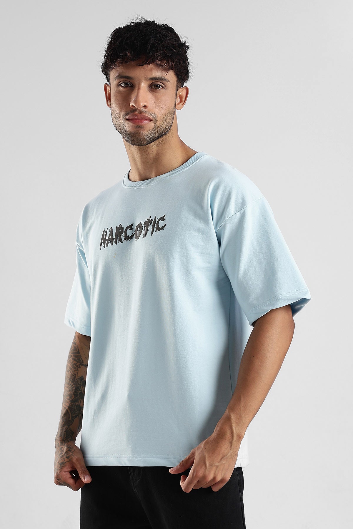 Sky Blue HD Graphic Printed Oversized T-shirt