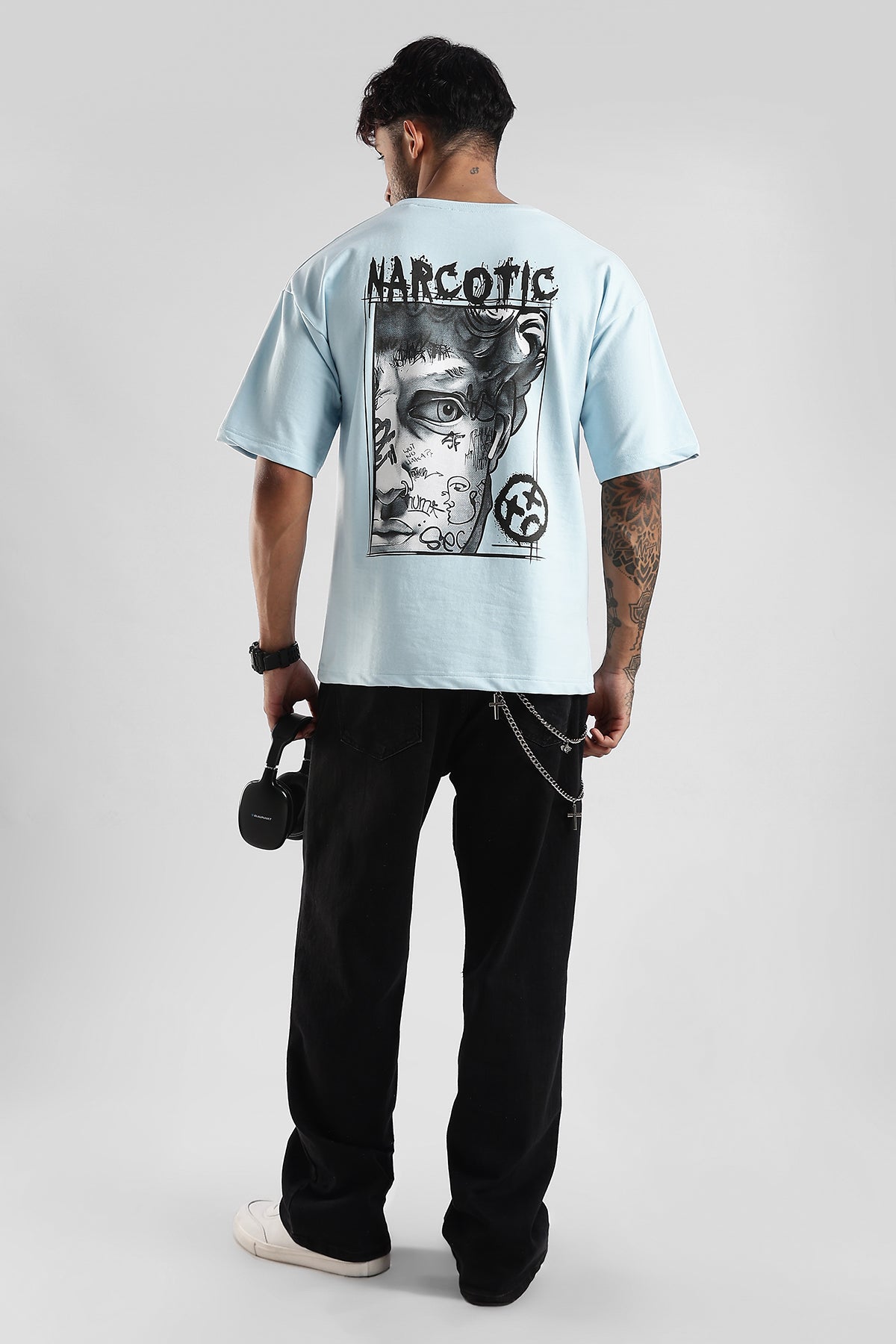 Sky Blue HD Graphic Printed Oversized T-shirt