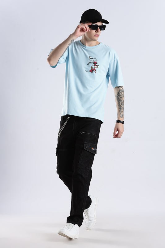 Sky Blue Fear HD Graphic Printed Oversized T-shirt