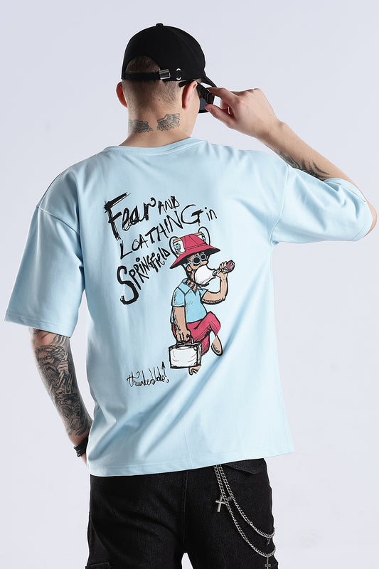 Sky Blue Fear HD Graphic Printed Oversized T-shirt