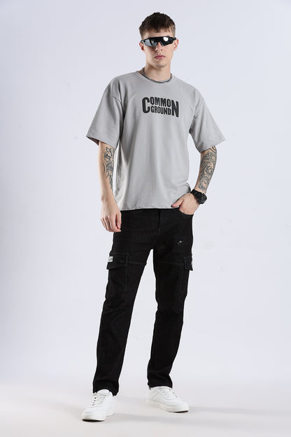 Grey Common Ground HD Graphic Printed Oversized T-shirt