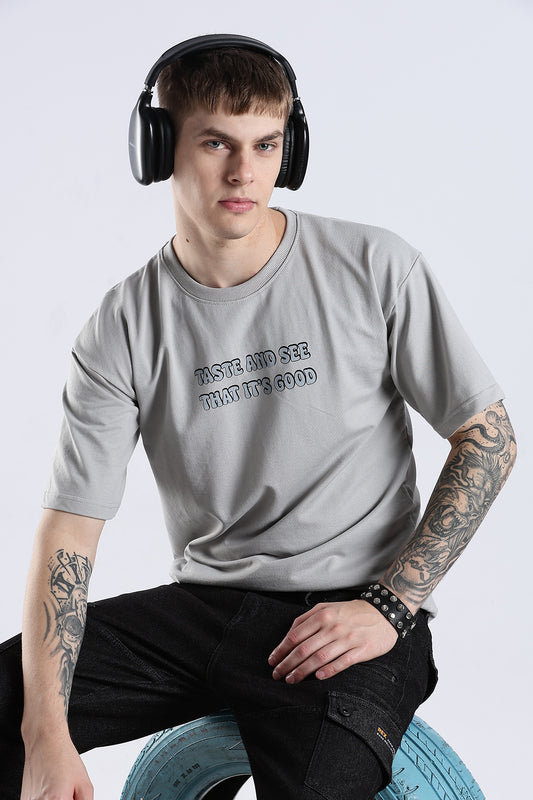 Grey Taste Good HD Graphic Printed Oversized T-shirt