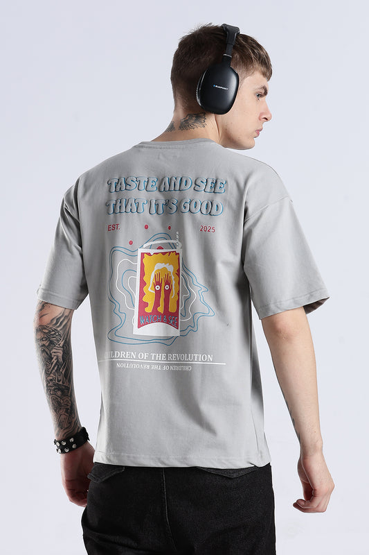 Grey Taste Good HD Graphic Printed Oversized T-shirt